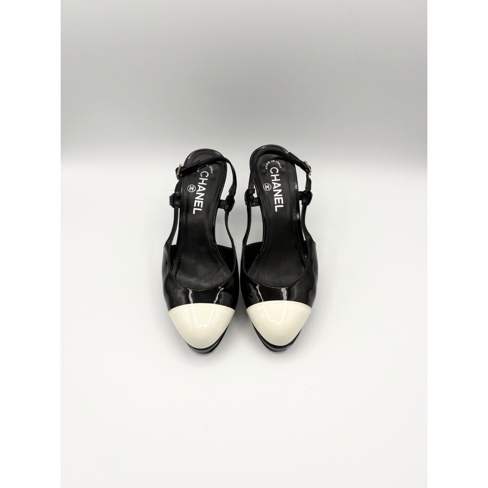 Chanel Black & White Patent Leather Cap Toe Platform Slingback Heel Size EU 37.5